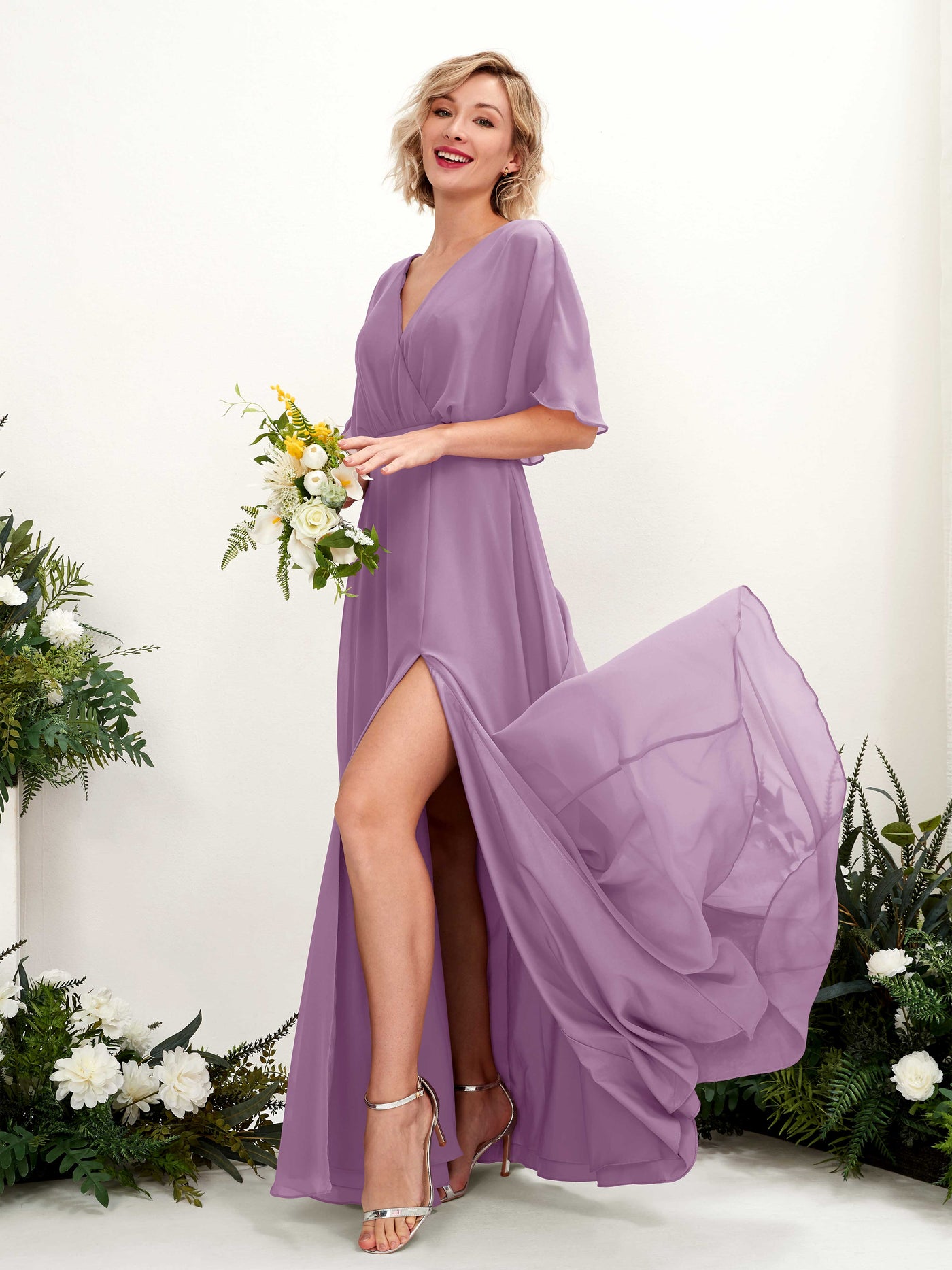 V-neck 1/2 Sleeves Chiffon Bridesmaid Dress - Orchid Mist (81225121)#color_orchid-mist