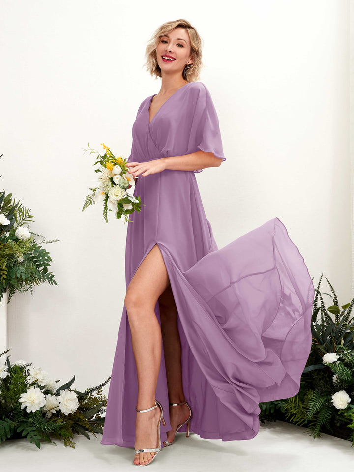 V-neck 1/2 Sleeves Chiffon Bridesmaid Dress - Orchid Mist (81225121)