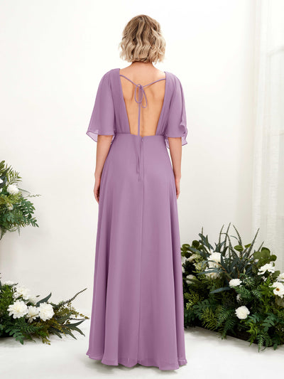 Carlyna Dhea A-Line Orchid Mist Bridesmaid Dress Maxi Short Sleeve V-Neck Dress Back View #color_orchid-mist