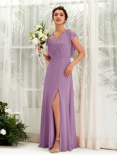 Carlyna Annie A-Line Orchid Mist Bridesmaid Dress Maxi Cap Sleeve V-Neck Dress Front View #color_orchid-mist