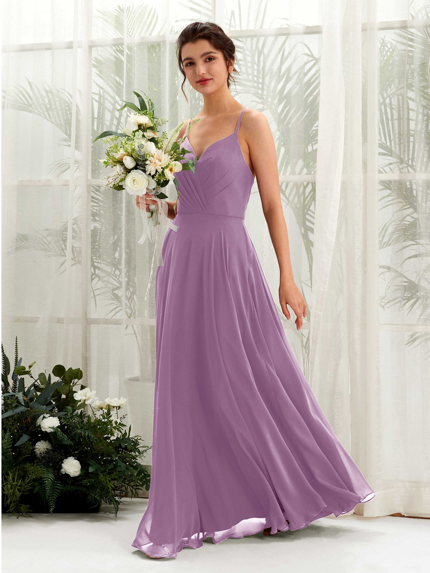 Spaghetti-straps V-neck Sleeveless Bridesmaid Dress - Orchid Mist (81224221)#color_orchid-mist