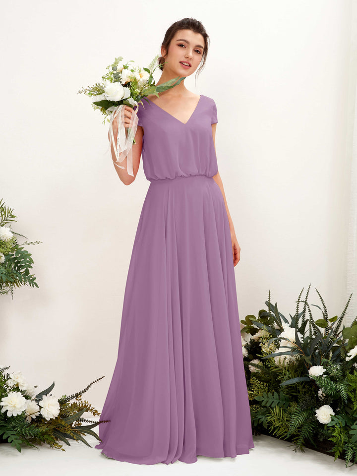 V-neck Cap Sleeves Chiffon Bridesmaid Dress - Orchid Mist (81221821)