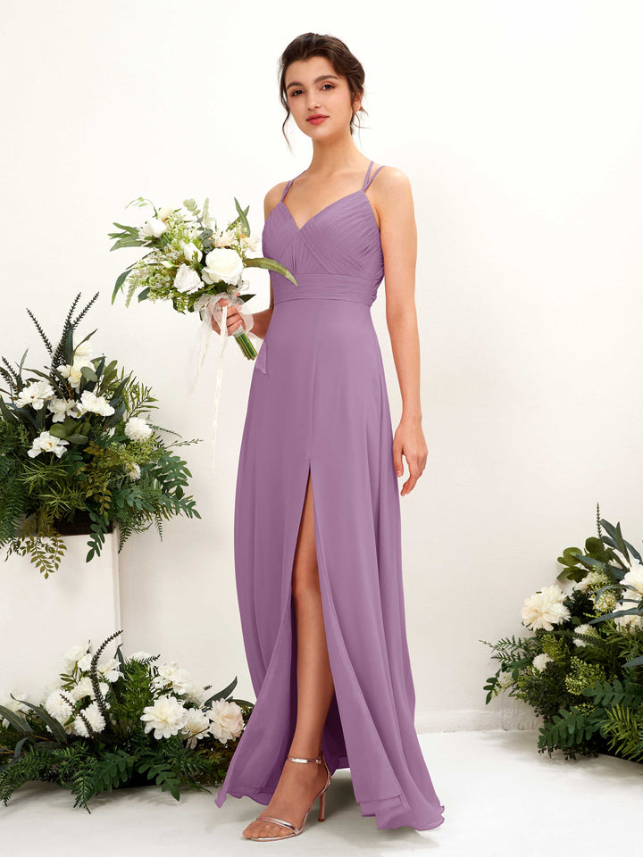 Straps V-neck Sleeveless Chiffon Bridesmaid Dress - Orchid Mist (81225421)