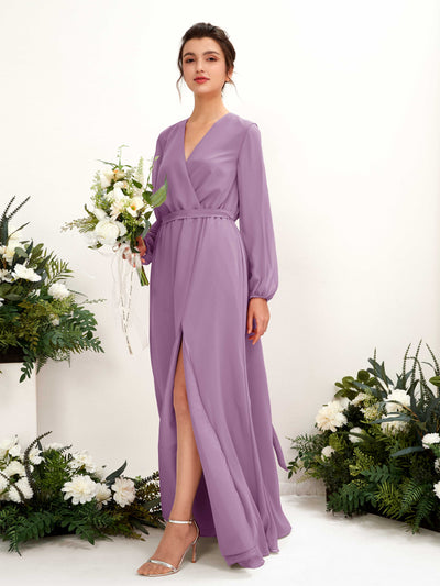 Carlyna Elsie A-Line Orchid Mist Bridesmaid Dress Maxi Long Sleeve V-Neck Front View #color_orchid-mist