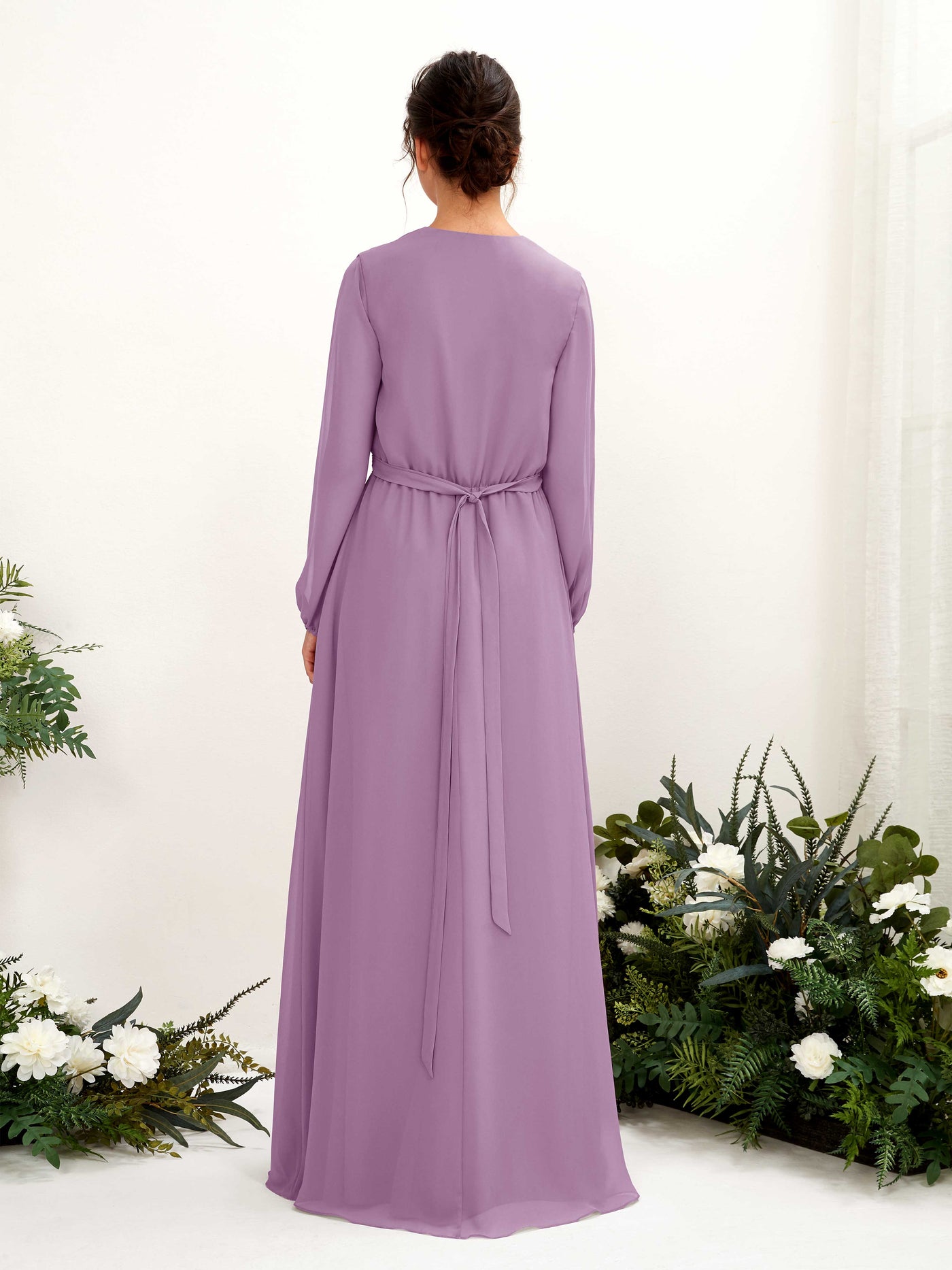 V-neck Long Sleeves Chiffon Bridesmaid Dress - Orchid Mist (81223221)#color_orchid-mist