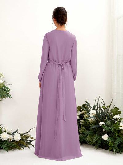 Carlyna Elsie A-Line Orchid Mist Bridesmaid Dress Maxi Long Sleeve V-Neck Back View #color_orchid-mist