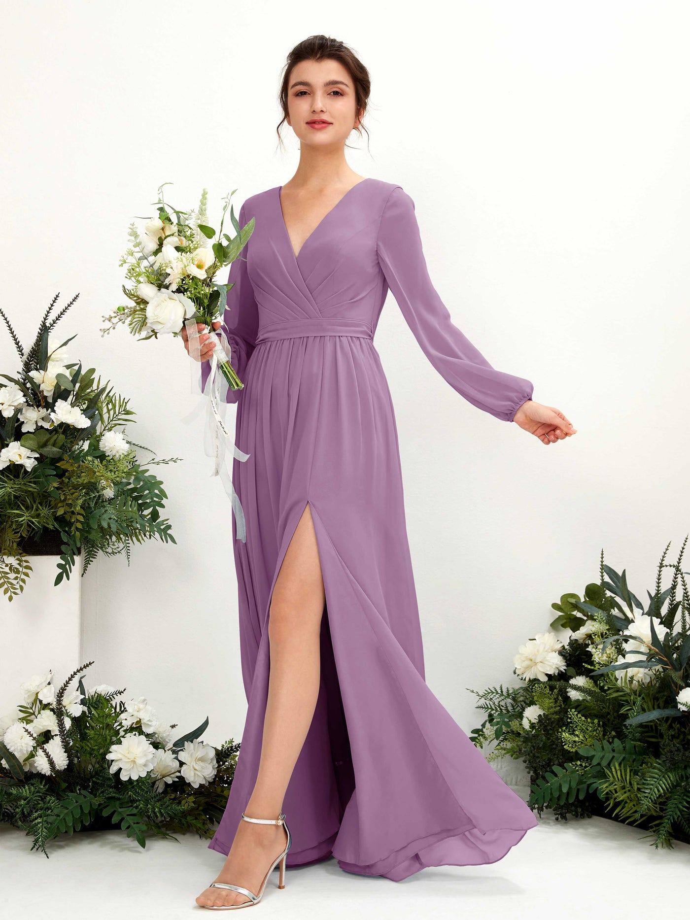 V-neck Long Sleeves Chiffon Bridesmaid Dress - Orchid Mist (81223821)#color_orchid-mist