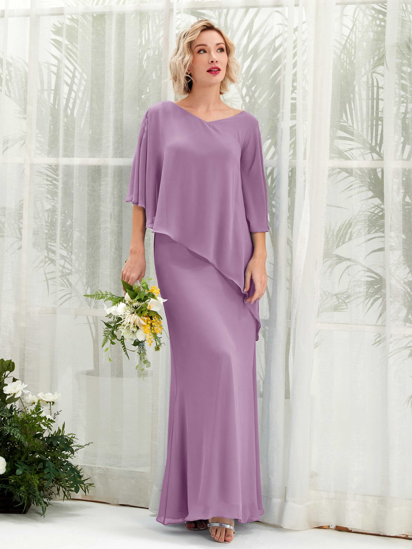 V-neck 3/4 Sleeves Chiffon Bridesmaid Dress - Orchid Mist (81222521)#color_orchid-mist
