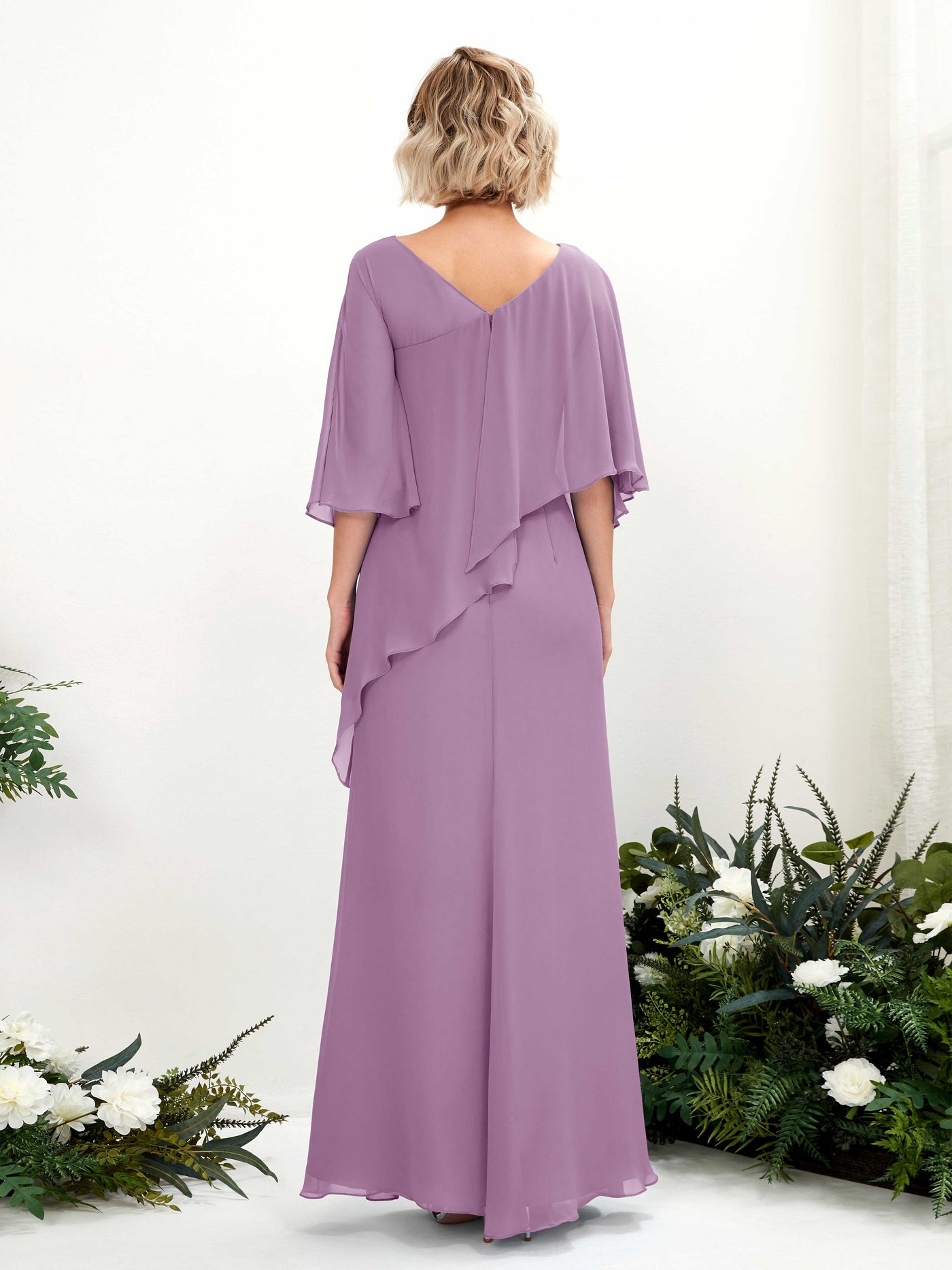 V-neck 3/4 Sleeves Chiffon Bridesmaid Dress - Orchid Mist (81222521)#color_orchid-mist