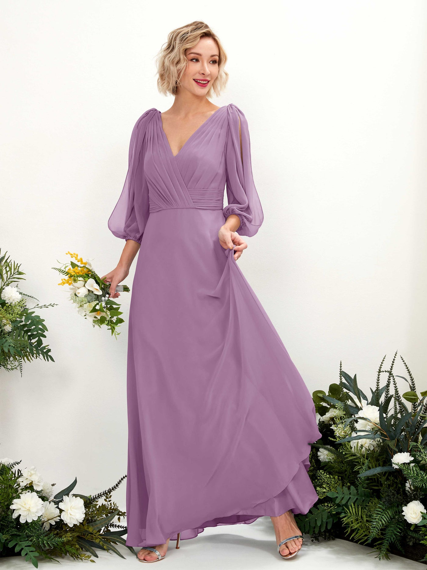 V-neck 3/4 Sleeves Chiffon Bridesmaid Dress - Orchid Mist (81223521)#color_orchid-mist