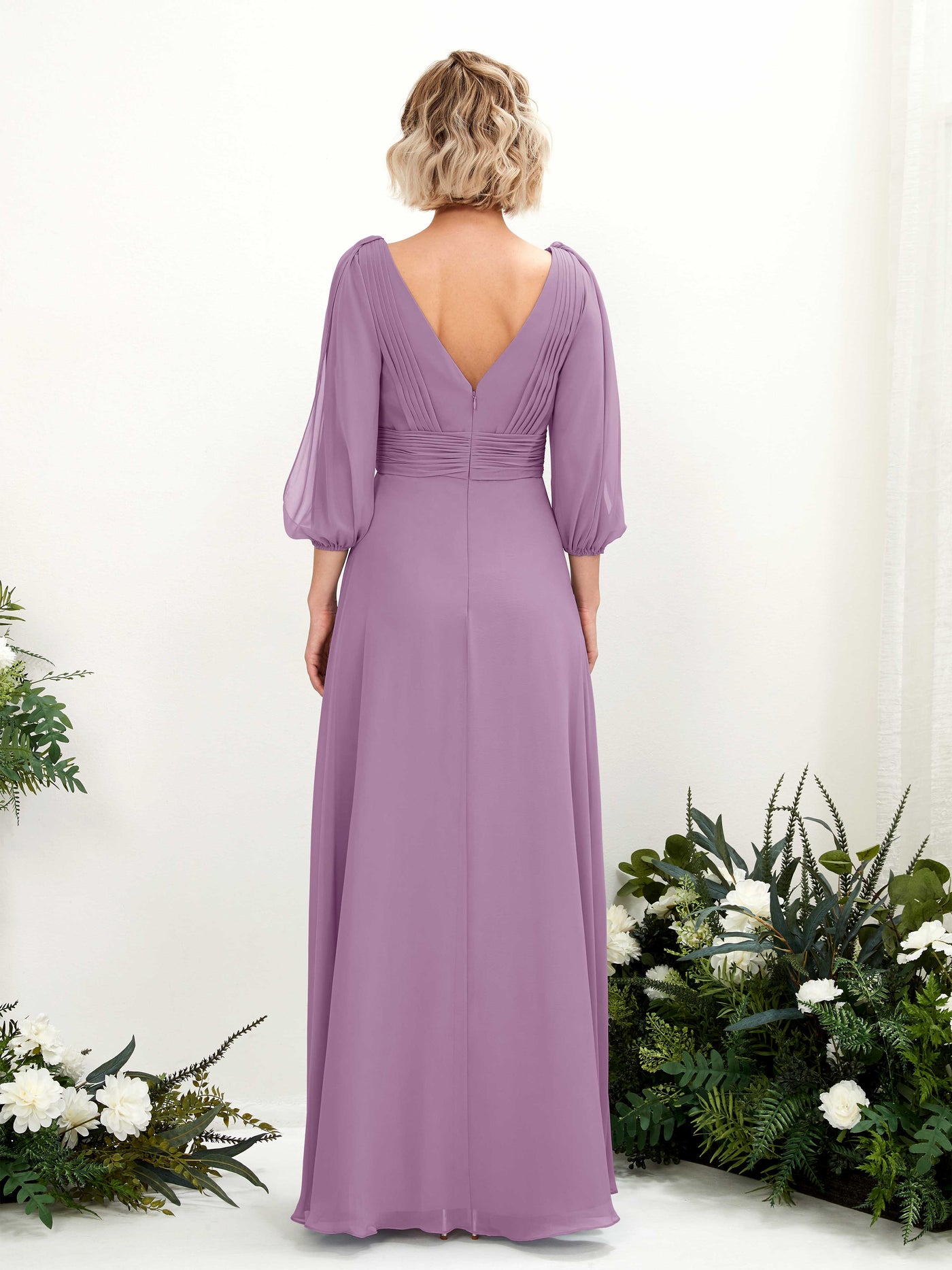 V-neck 3/4 Sleeves Chiffon Bridesmaid Dress - Orchid Mist (81223521)#color_orchid-mist