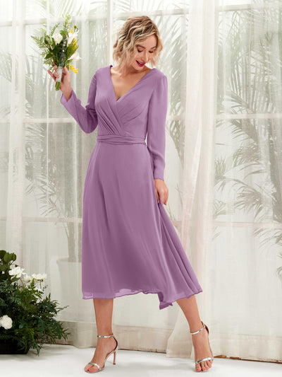 Carlyna Joanna A-Line Orchid Mist Bridesmaid Dress Midi Long Sleeve V-Neck  #color_orchid-mist