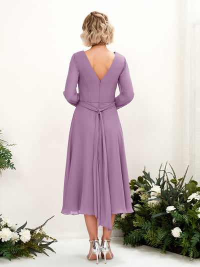 Carlyna Joanna A-Line Orchid Mist Bridesmaid Dress Midi Long Sleeve V-Neck  #color_orchid-mist