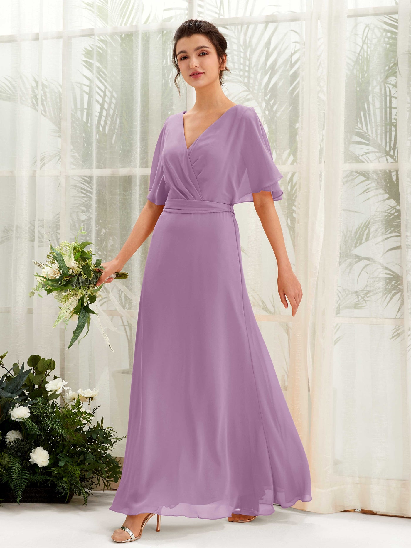 V-neck Short Sleeves Chiffon Bridesmaid Dress - Orchid Mist (81222421)#color_orchid-mist