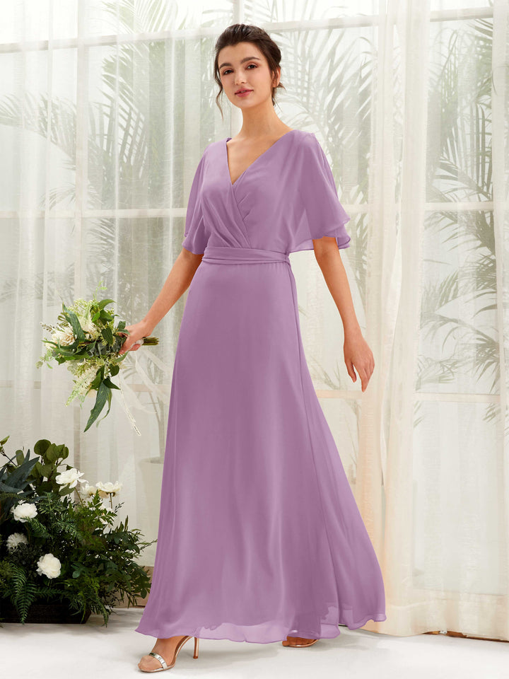 V-neck Short Sleeves Chiffon Bridesmaid Dress - Orchid Mist (81222421)