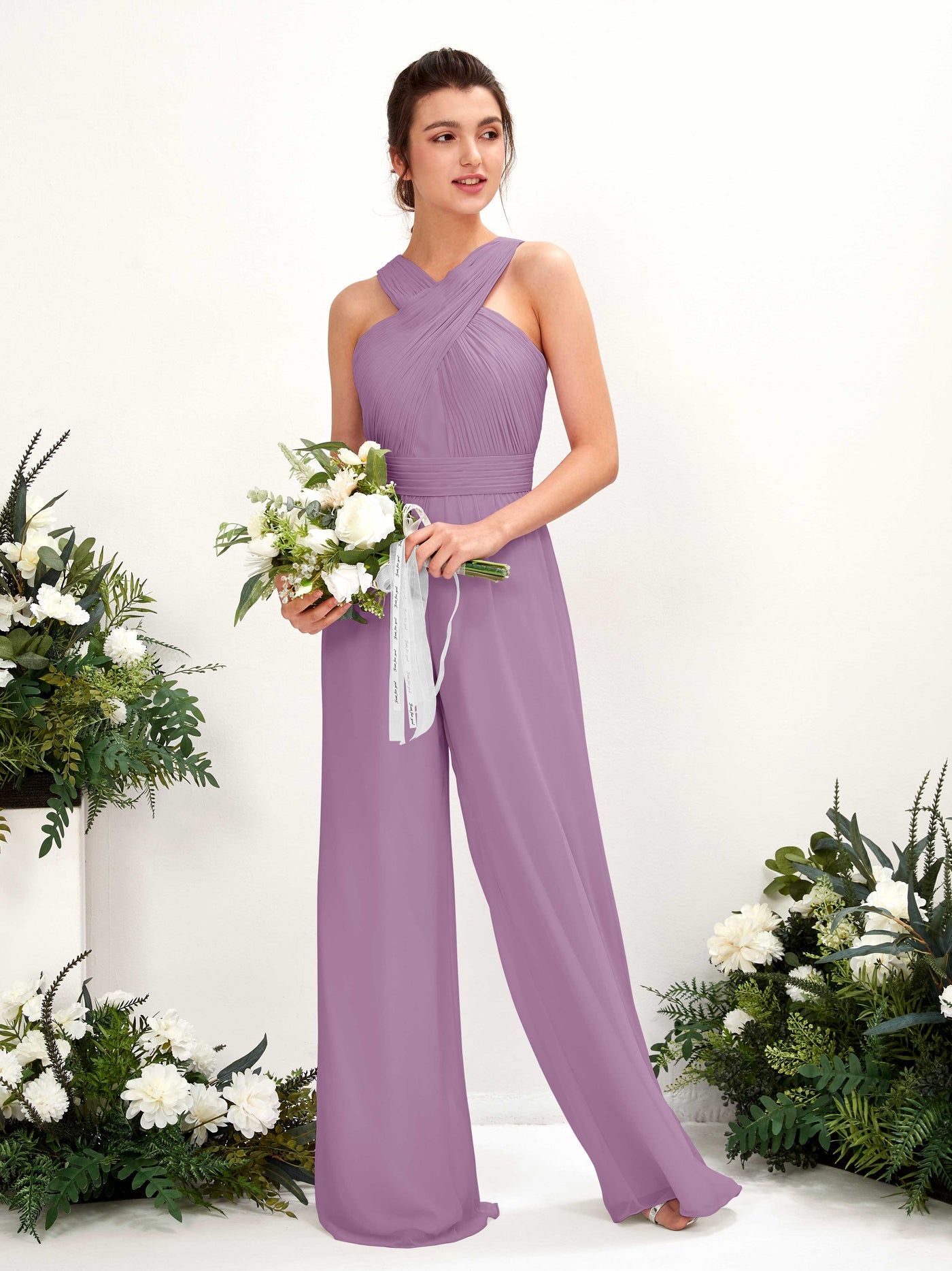 V-neck Sleeveless Chiffon Bridesmaid Dress Wide-Leg Jumpsuit - Orchid Mist (81220721)#color_orchid-mist