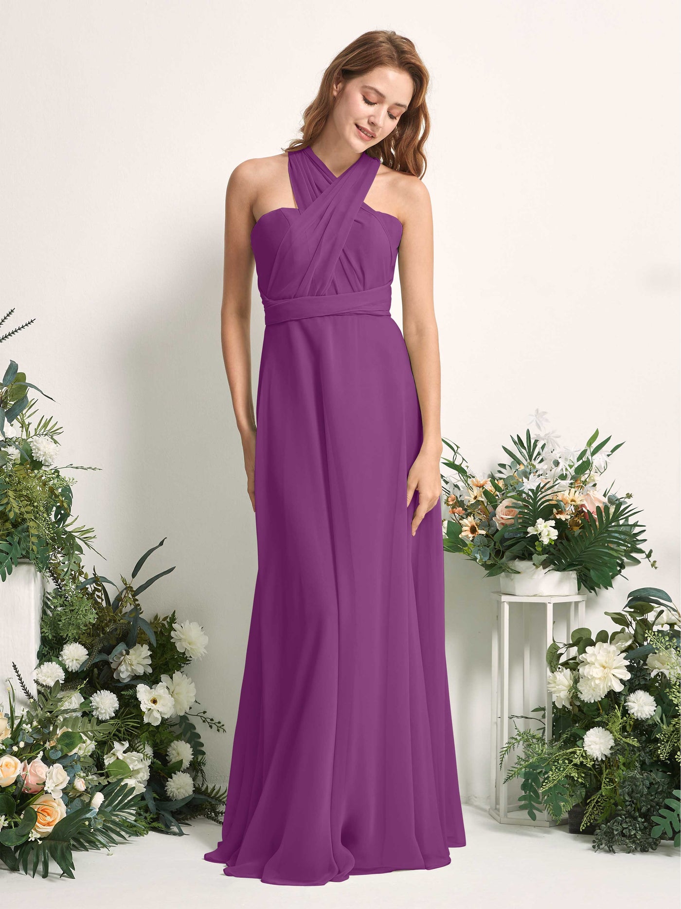 Bridesmaid Dress A-line Chiffon Halter Full Length Short Sleeves Wedding Party Dress - Purple (81226336)#color_purple