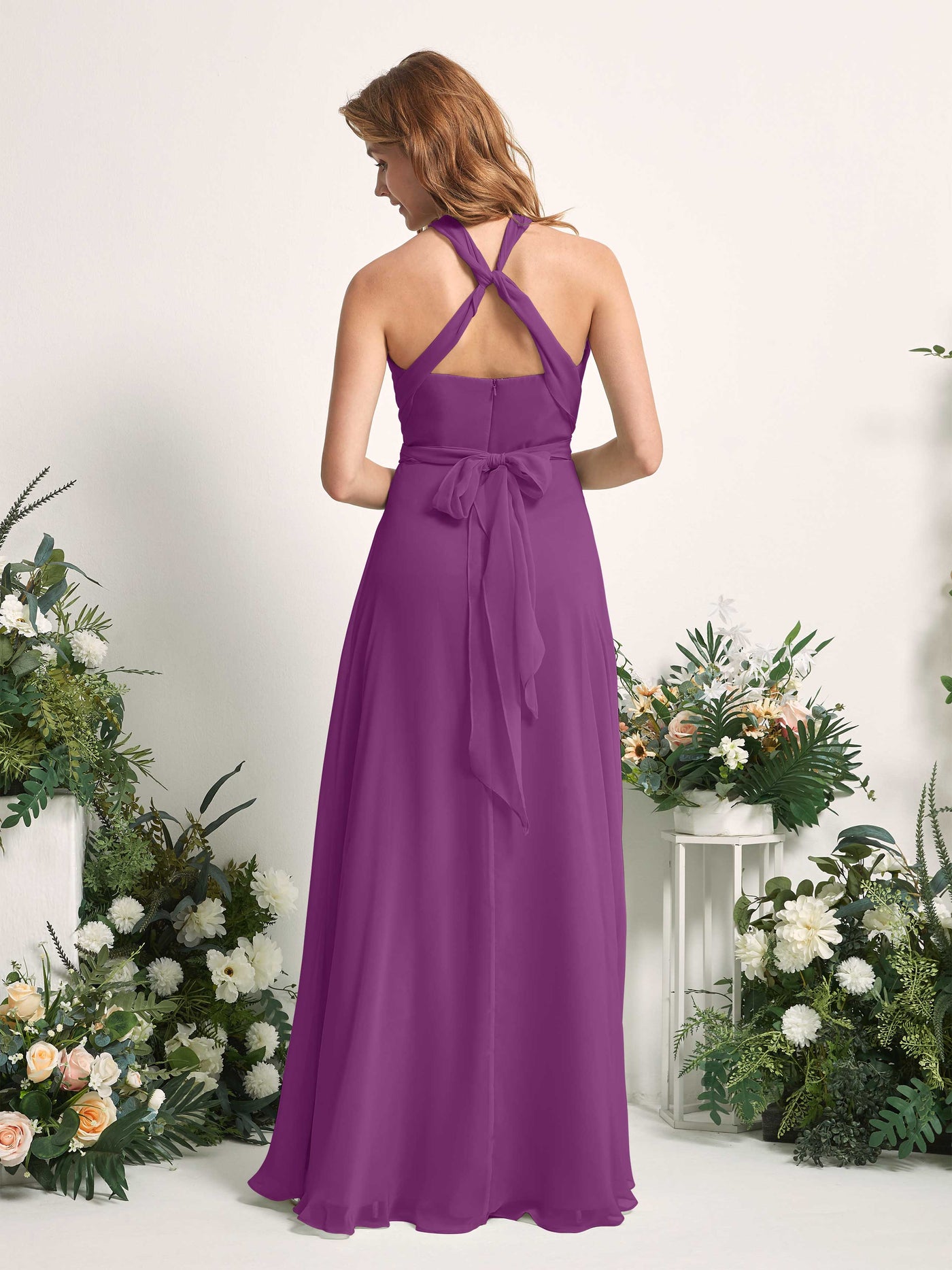 Bridesmaid Dress A-line Chiffon Halter Full Length Short Sleeves Wedding Party Dress - Purple (81226336)#color_purple