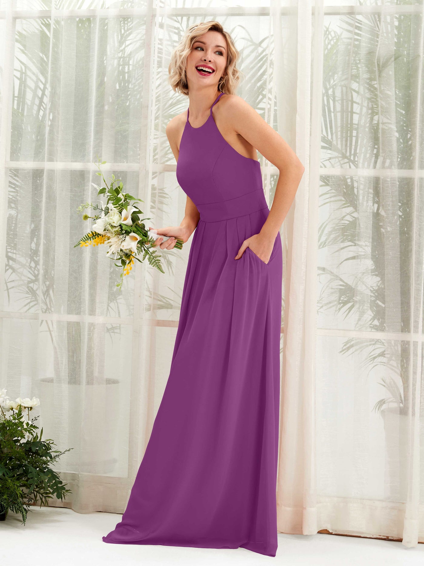 A-line Ball Gown Halter Spaghetti-straps Sleeveless Bridesmaid Dress - Purple (81225236)#color_purple