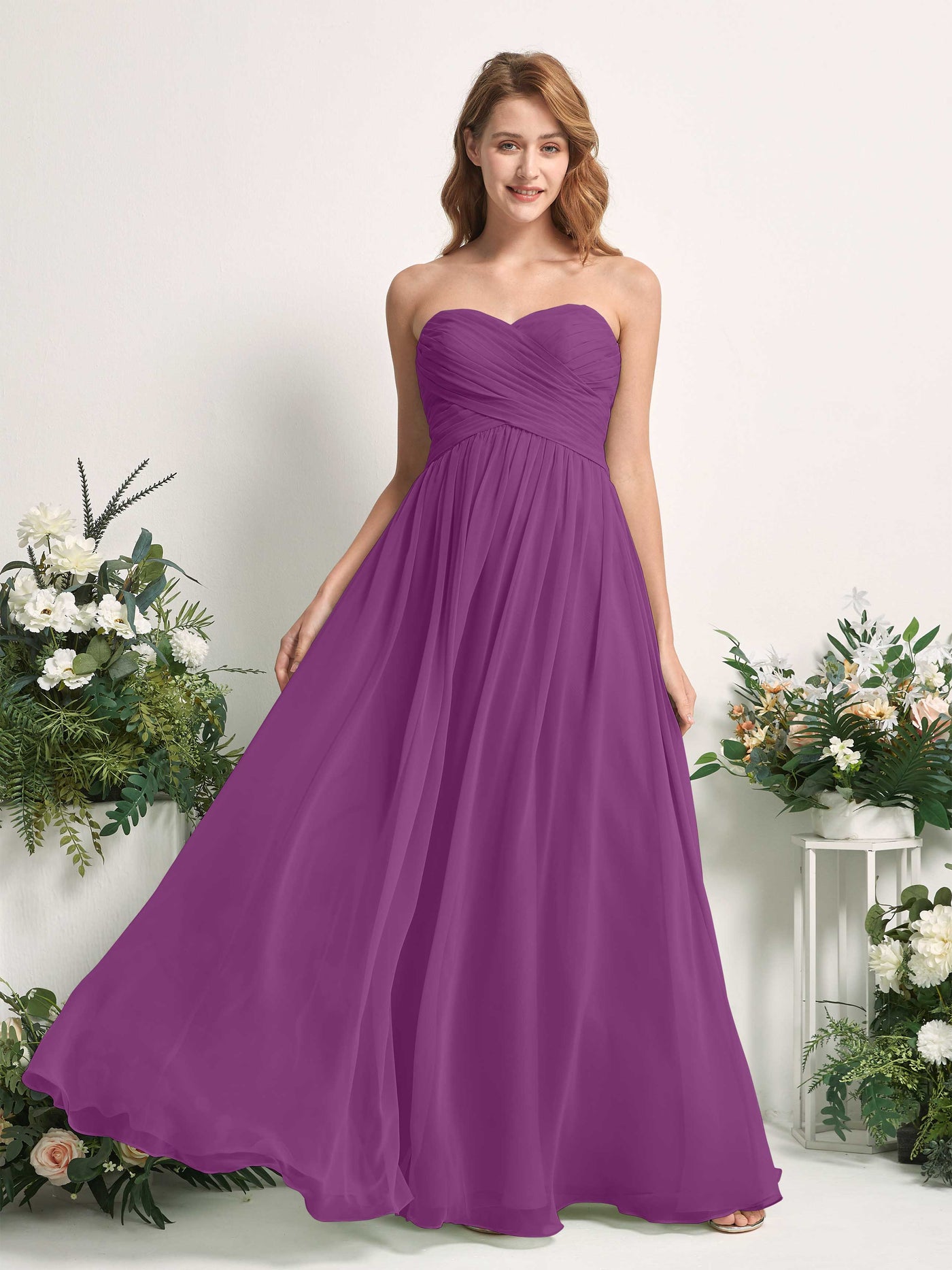 Bridesmaid Dress A-line Chiffon Sweetheart Full Length Sleeveless Wedding Party Dress - Purple (81226936)#color_purple