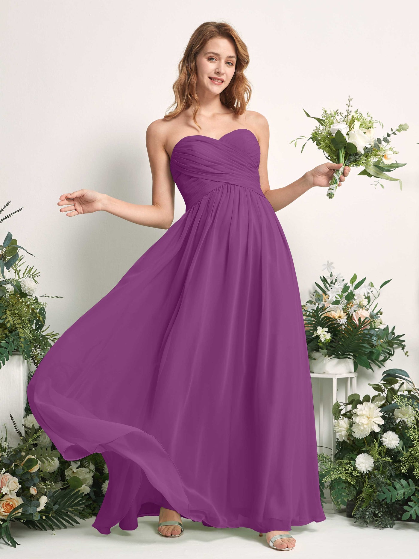 Bridesmaid Dress A-line Chiffon Sweetheart Full Length Sleeveless Wedding Party Dress - Purple (81226936)#color_purple