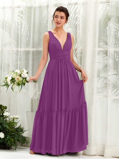 Carlyna Alissa A-Line Purple Bridesmaid Dress Maxi Sleeveless V-Neck Dress Front View #color_purple