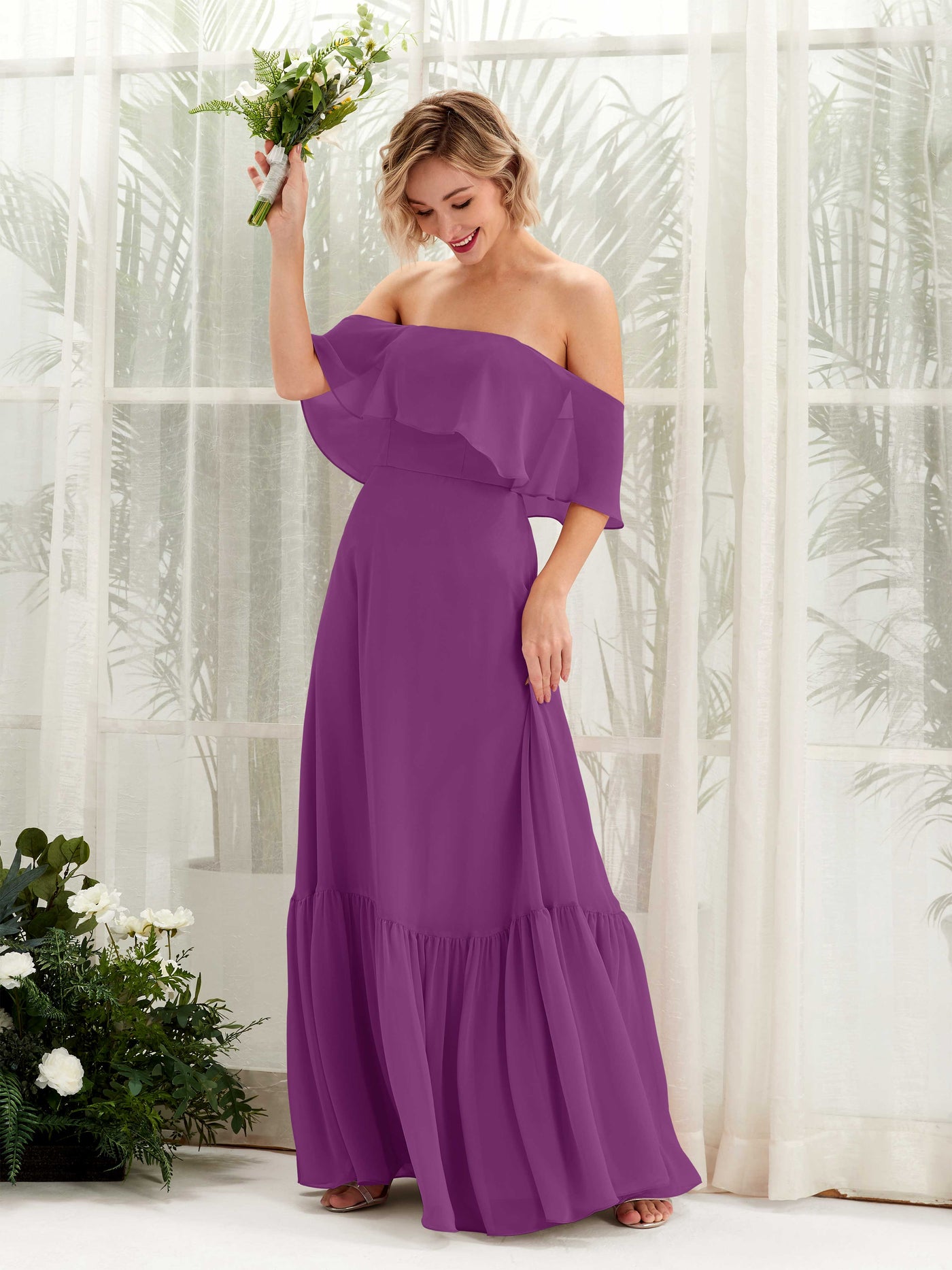 A-line Off Shoulder Chiffon Bridesmaid Dress - Purple (81224536)#color_purple