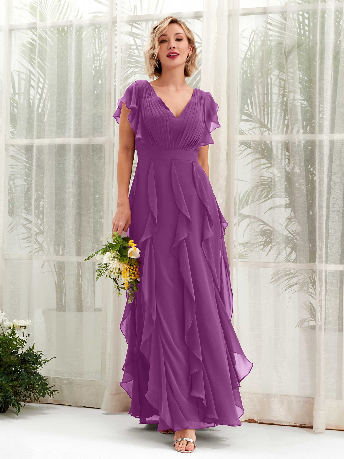 A-line V-neck Short Sleeves Chiffon Bridesmaid Dress - Purple (81226036)#color_purple
