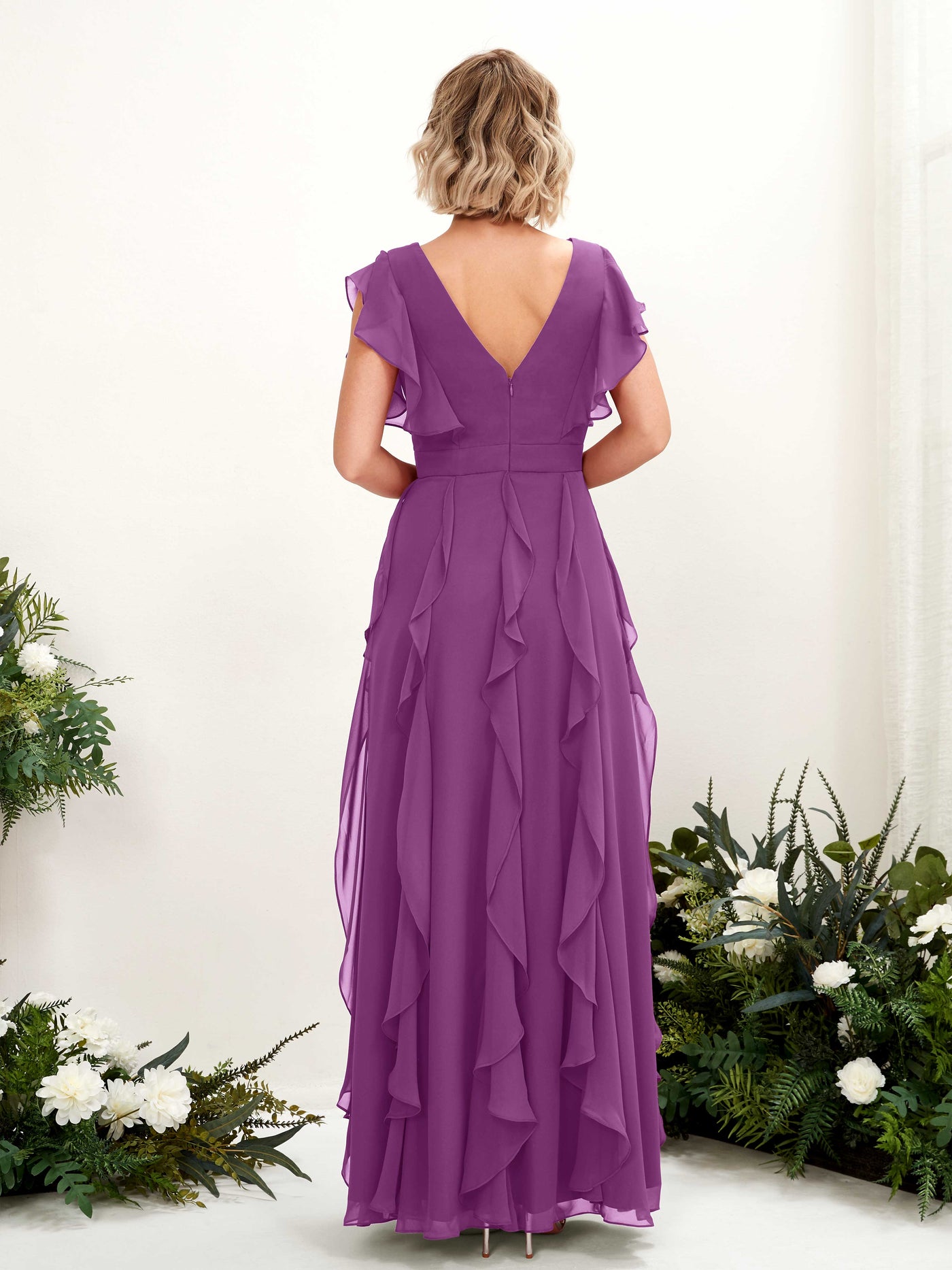A-line V-neck Short Sleeves Chiffon Bridesmaid Dress - Purple (81226036)#color_purple