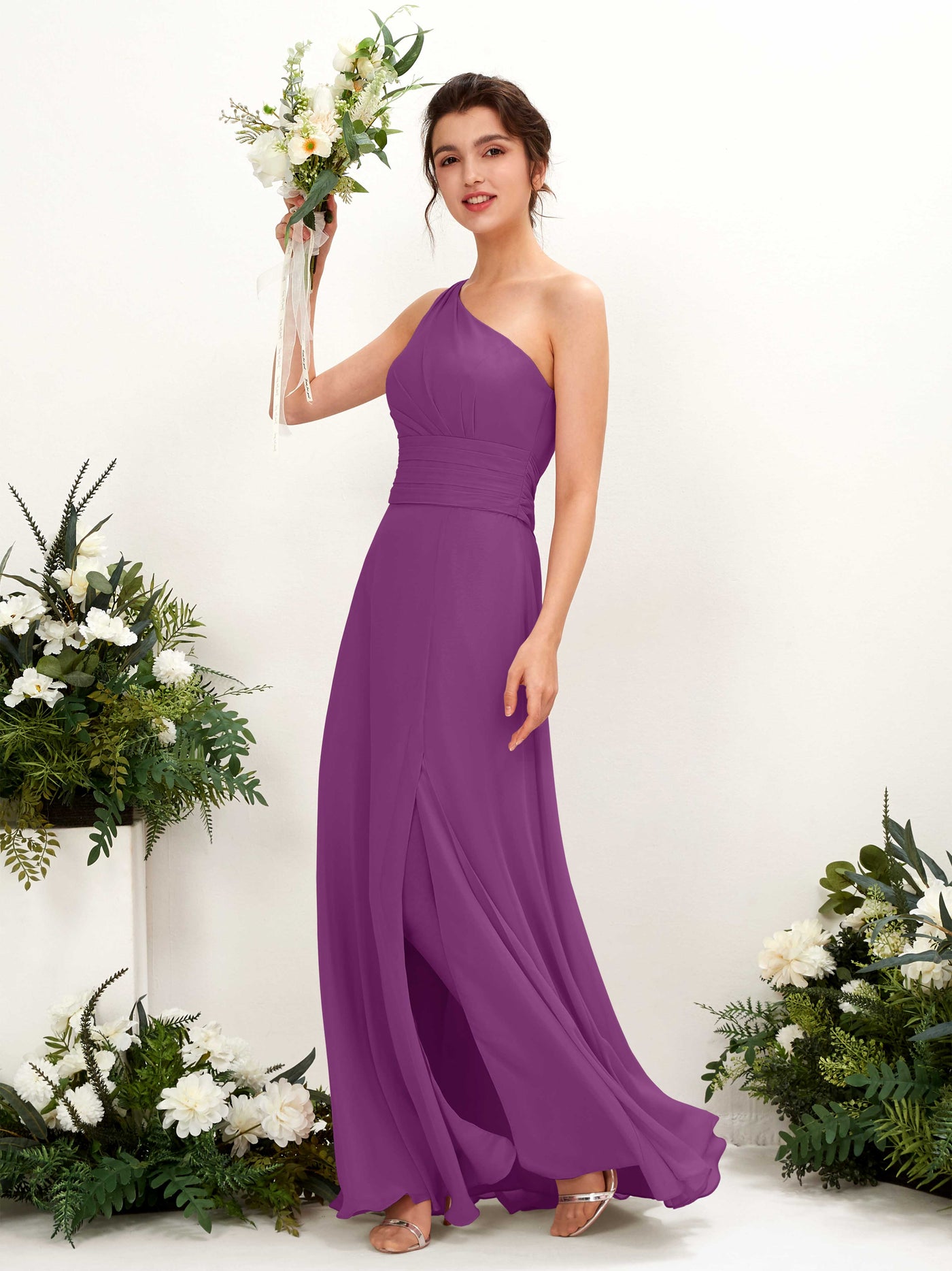 A-line One Shoulder Sleeveless Bridesmaid Dress - Purple (81224736)#color_purple