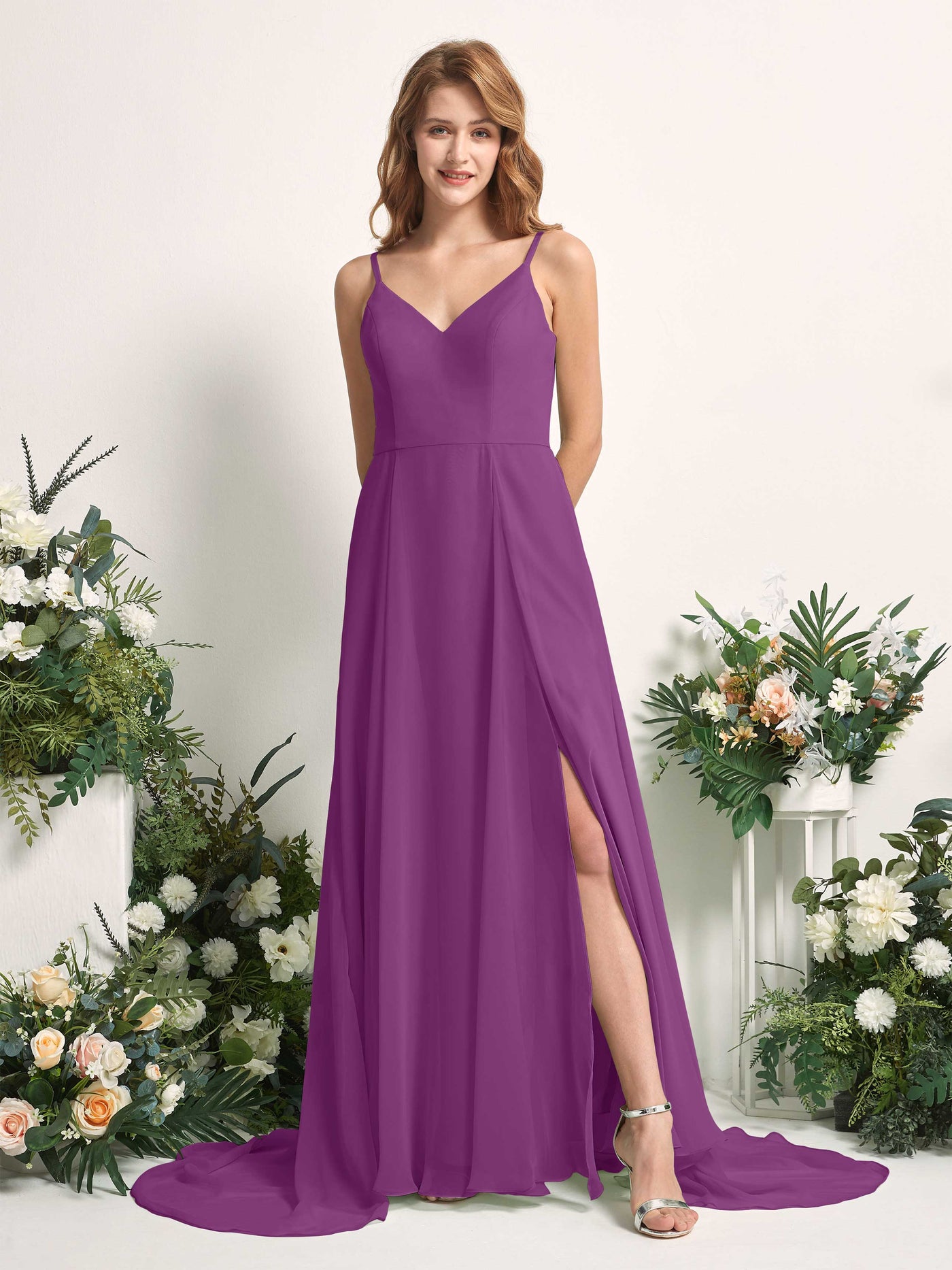 Bridesmaid Dress A-line Chiffon Spaghetti-straps Full Length Sleeveless Wedding Party Dress - Purple (81227736)#color_purple