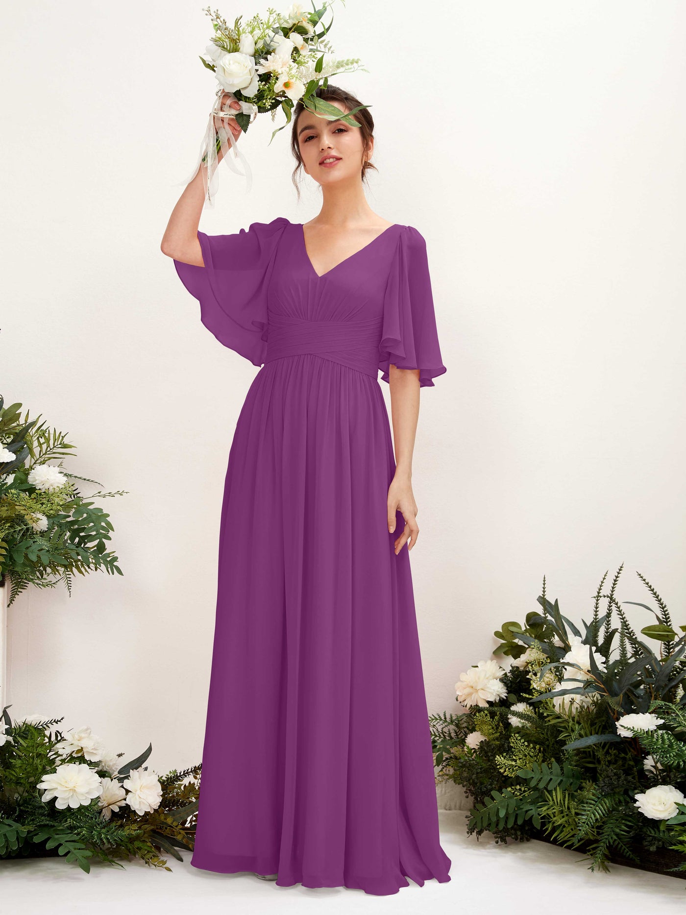 A-line V-neck 1/2 Sleeves Chiffon Bridesmaid Dress - Purple (81221636)#color_purple