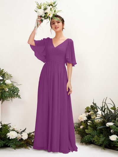 Carlyna Odette A-Line Purple Bridesmaid Dress Maxi Short Sleeve V-Neck Dress #color_purple