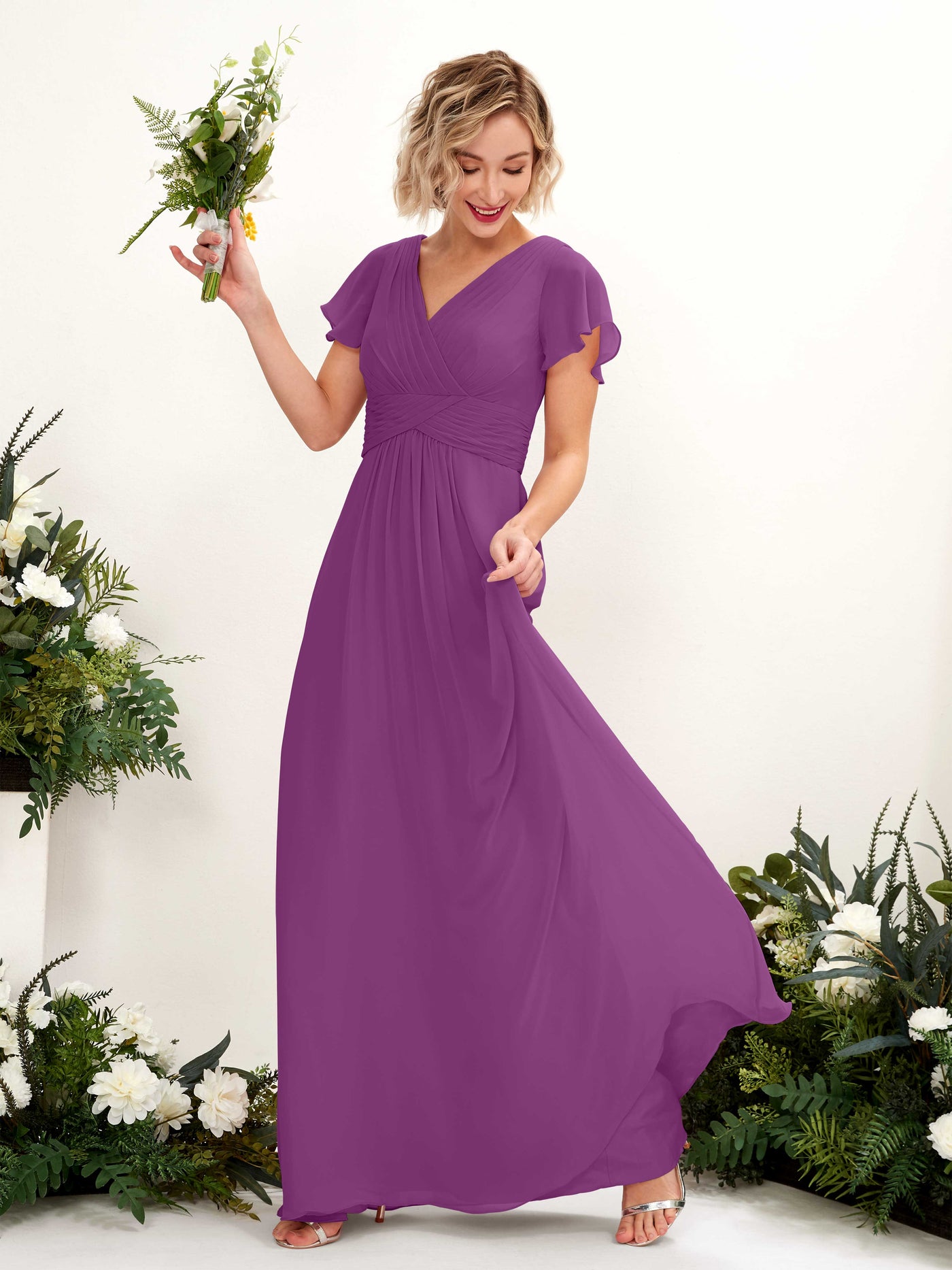 A-line V-neck Cap Sleeves Chiffon Bridesmaid Dress - Purple (81224336)#color_purple