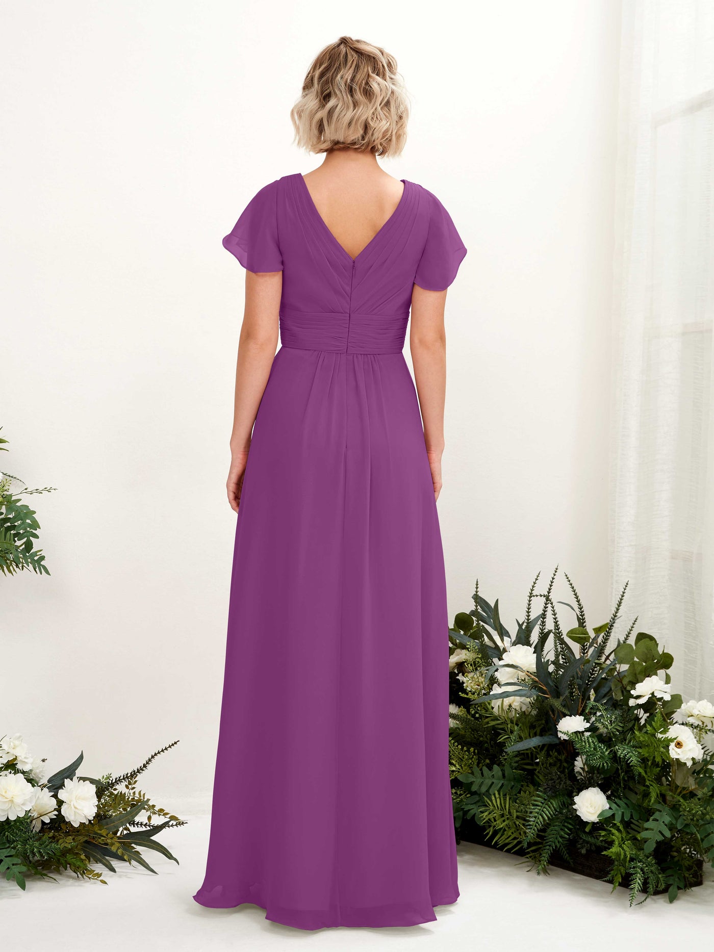 A-line V-neck Cap Sleeves Chiffon Bridesmaid Dress - Purple (81224336)#color_purple
