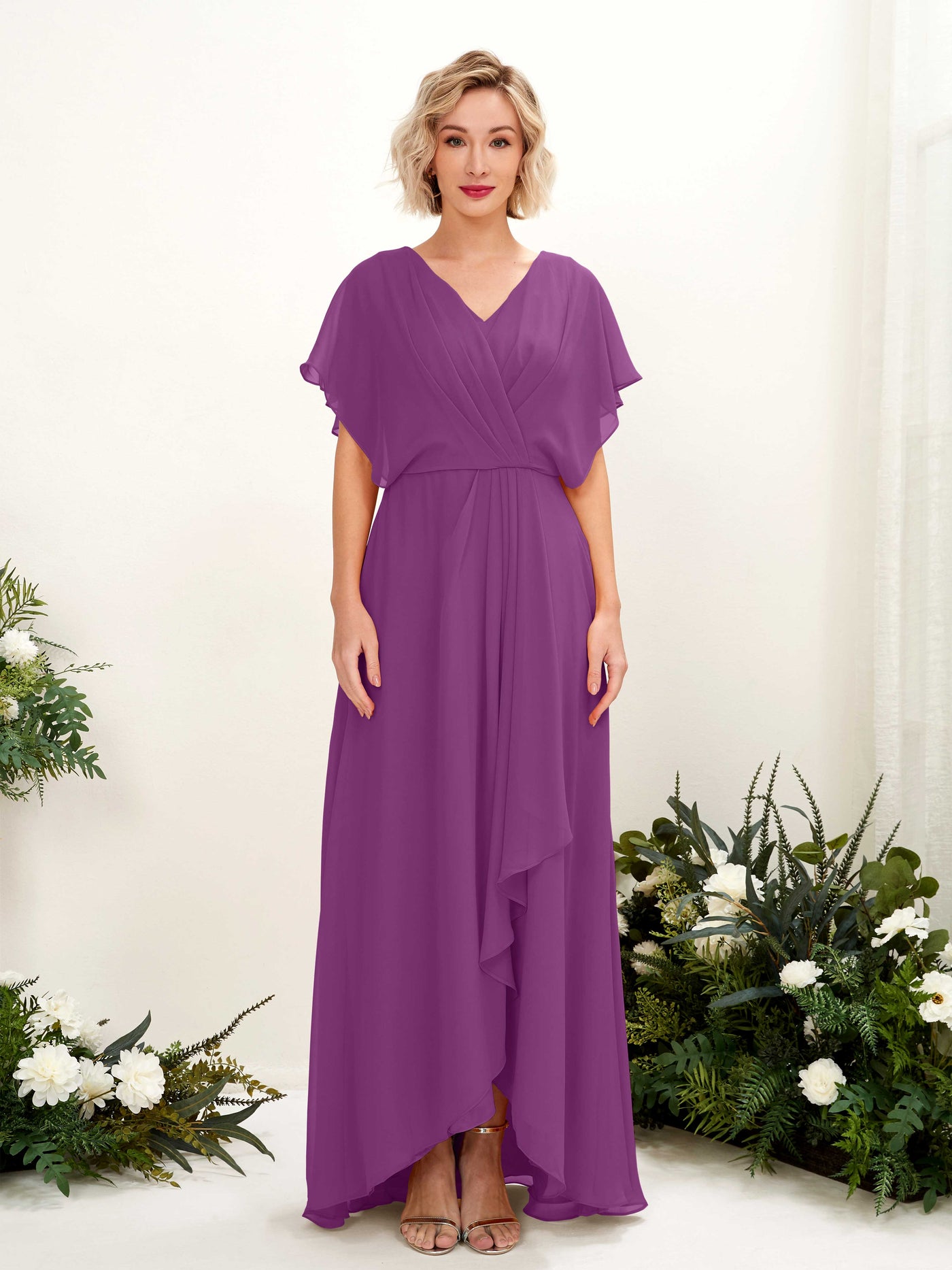 A-line V-neck Short Sleeves Chiffon Bridesmaid Dress - Purple (81222136)#color_purple