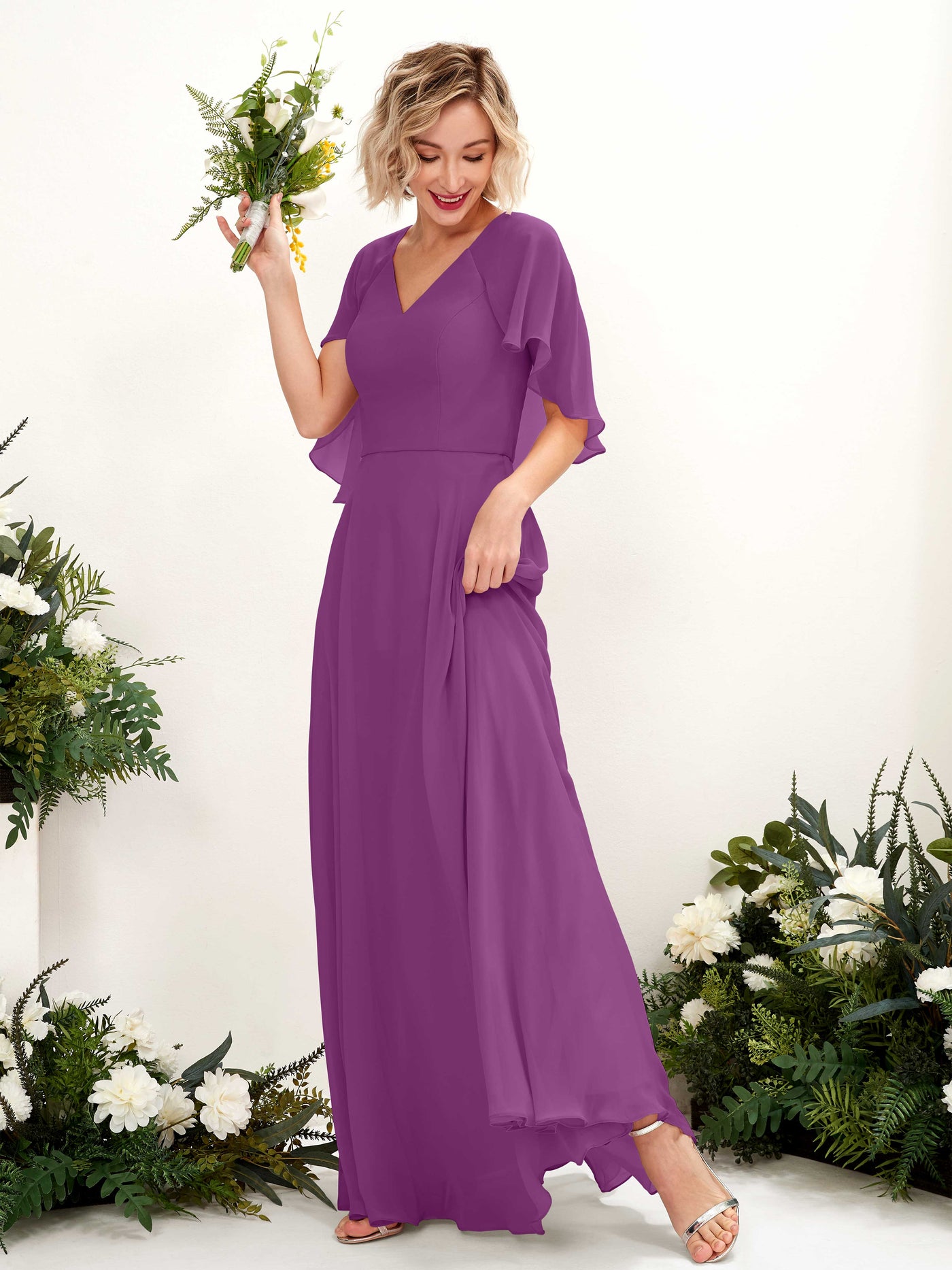 A-line V-neck Short Sleeves Chiffon Bridesmaid Dress - Purple (81224436)#color_purple