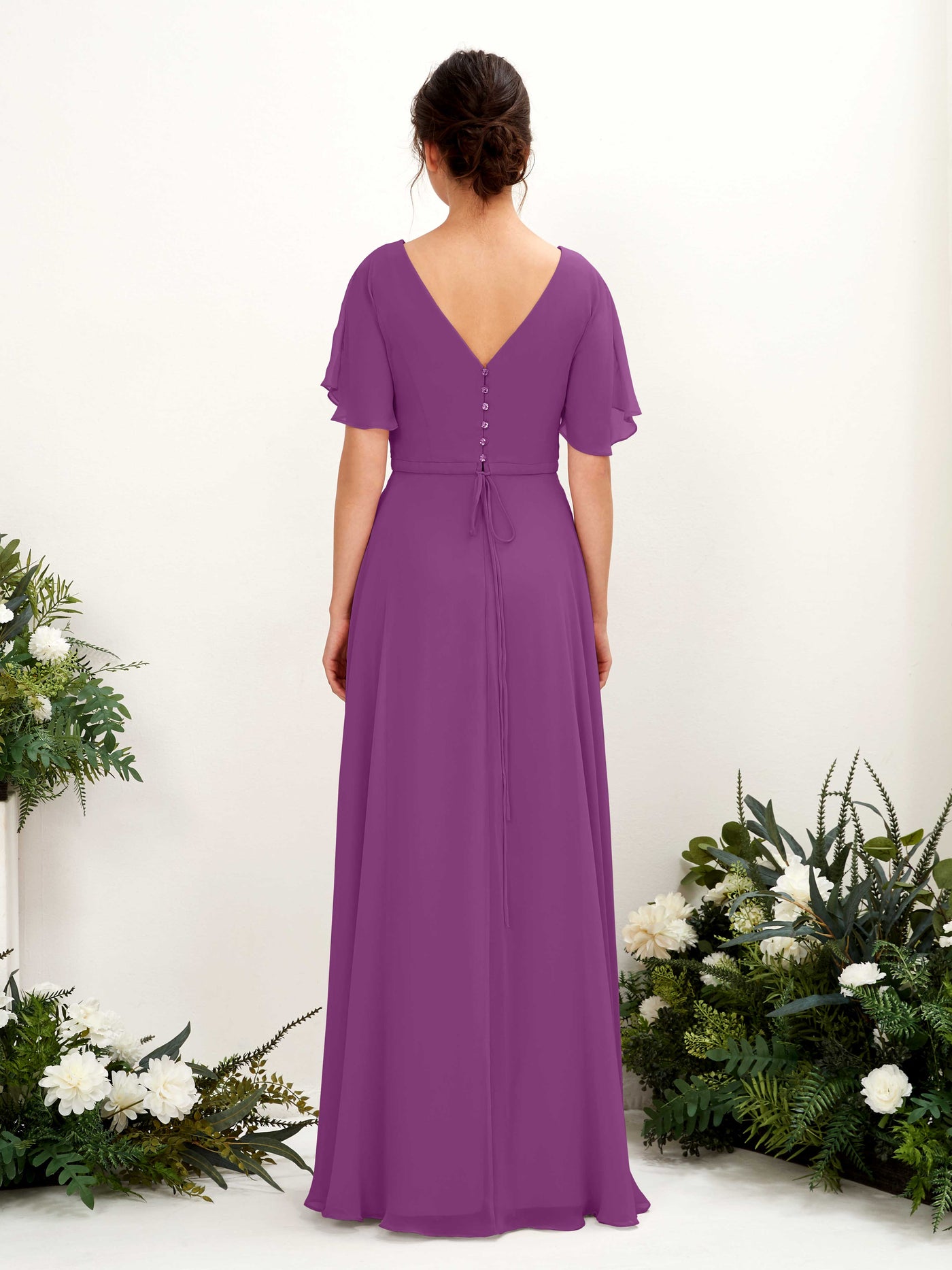 A-line V-neck Short Sleeves Chiffon Bridesmaid Dress - Purple (81224636)#color_purple