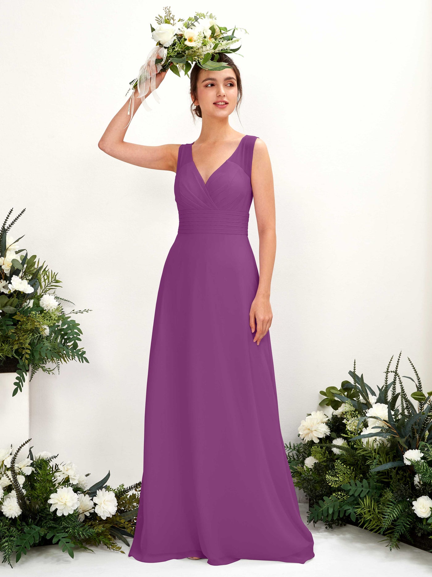 A-line V-neck Sleeveless Chiffon Bridesmaid Dress - Purple (81220936)#color_purple
