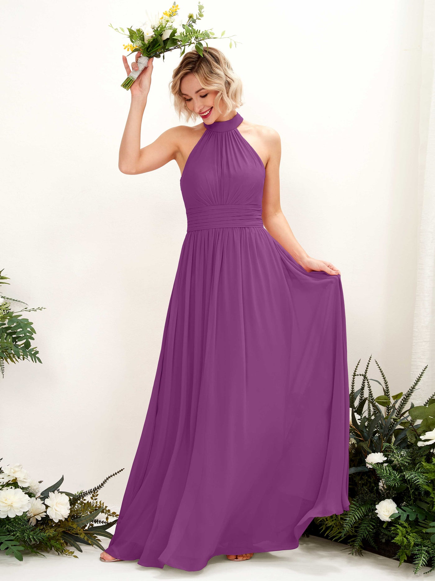 Ball Gown Halter Sleeveless Chiffon Bridesmaid Dress - Purple (81225336)#color_purple