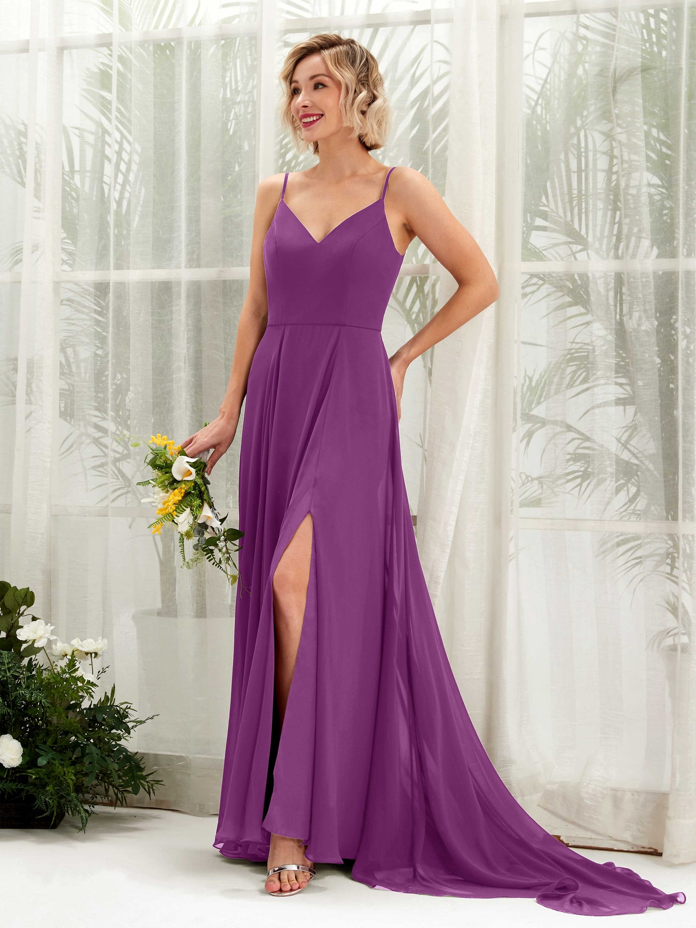 Ball Gown V-neck Sleeveless Bridesmaid Dress - Purple (81224136)#color_purple