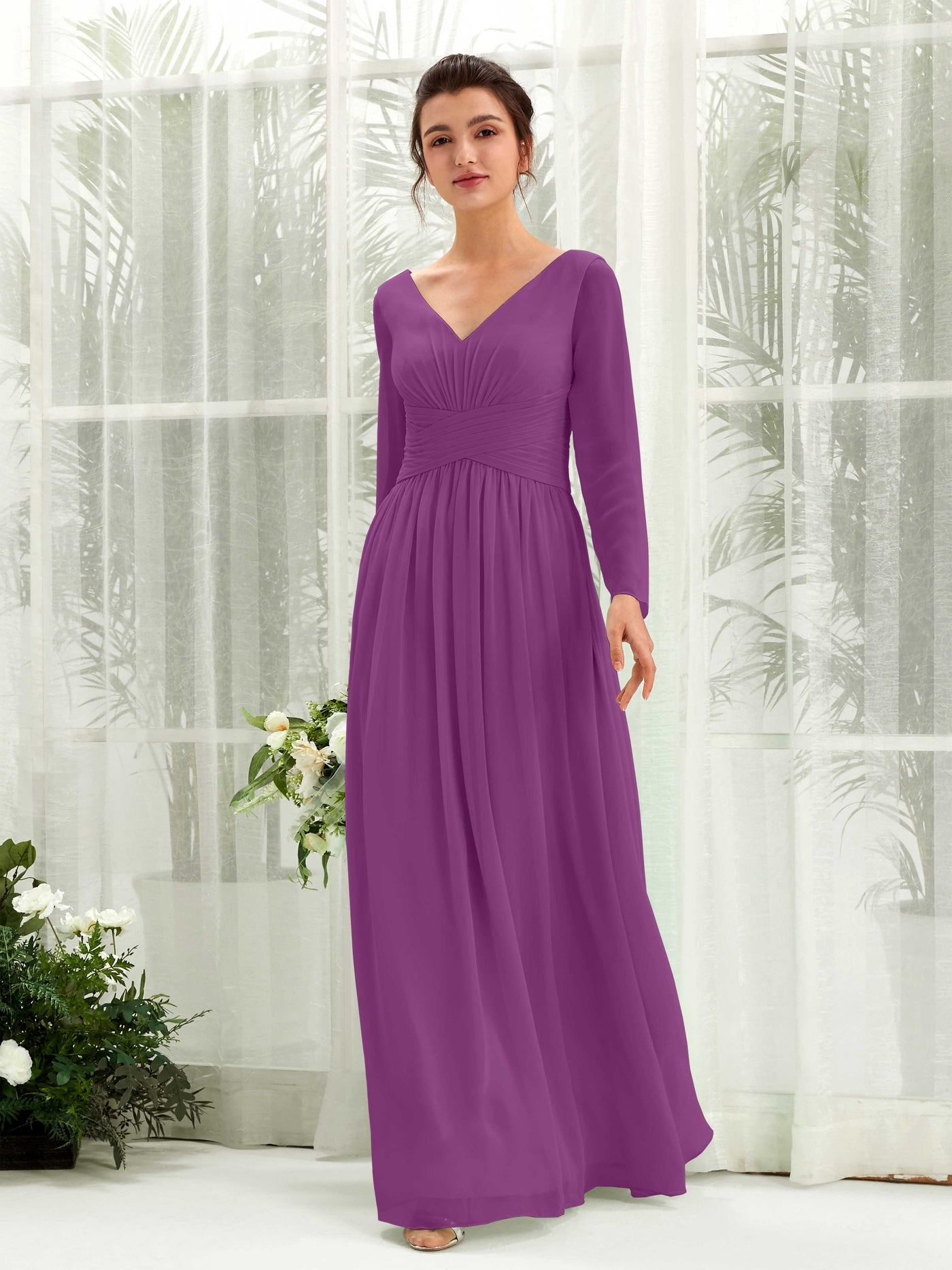 Ball Gown V-neck Long Sleeves Chiffon Bridesmaid Dress - Purple (81220336)#color_purple