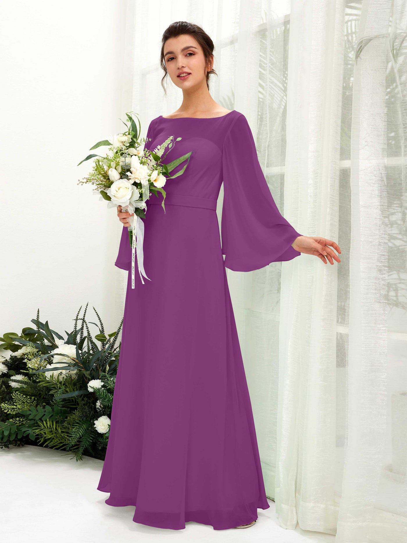 Bateau Illusion Long Sleeves Chiffon Bridesmaid Dress - Purple (81220536)#color_purple