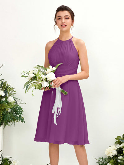 Carlyna Cathie A-Line Purple Bridesmaid Dress Knee-Length Sleeveless Round Neck Dress Front View #color_purple