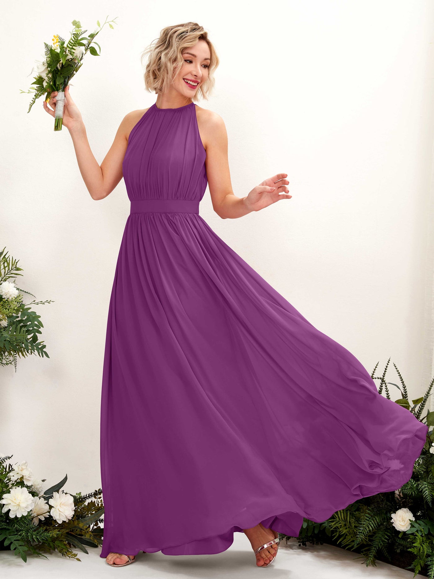 Halter Sleeveless Chiffon Bridesmaid Dress - Purple (81223136)#color_purple