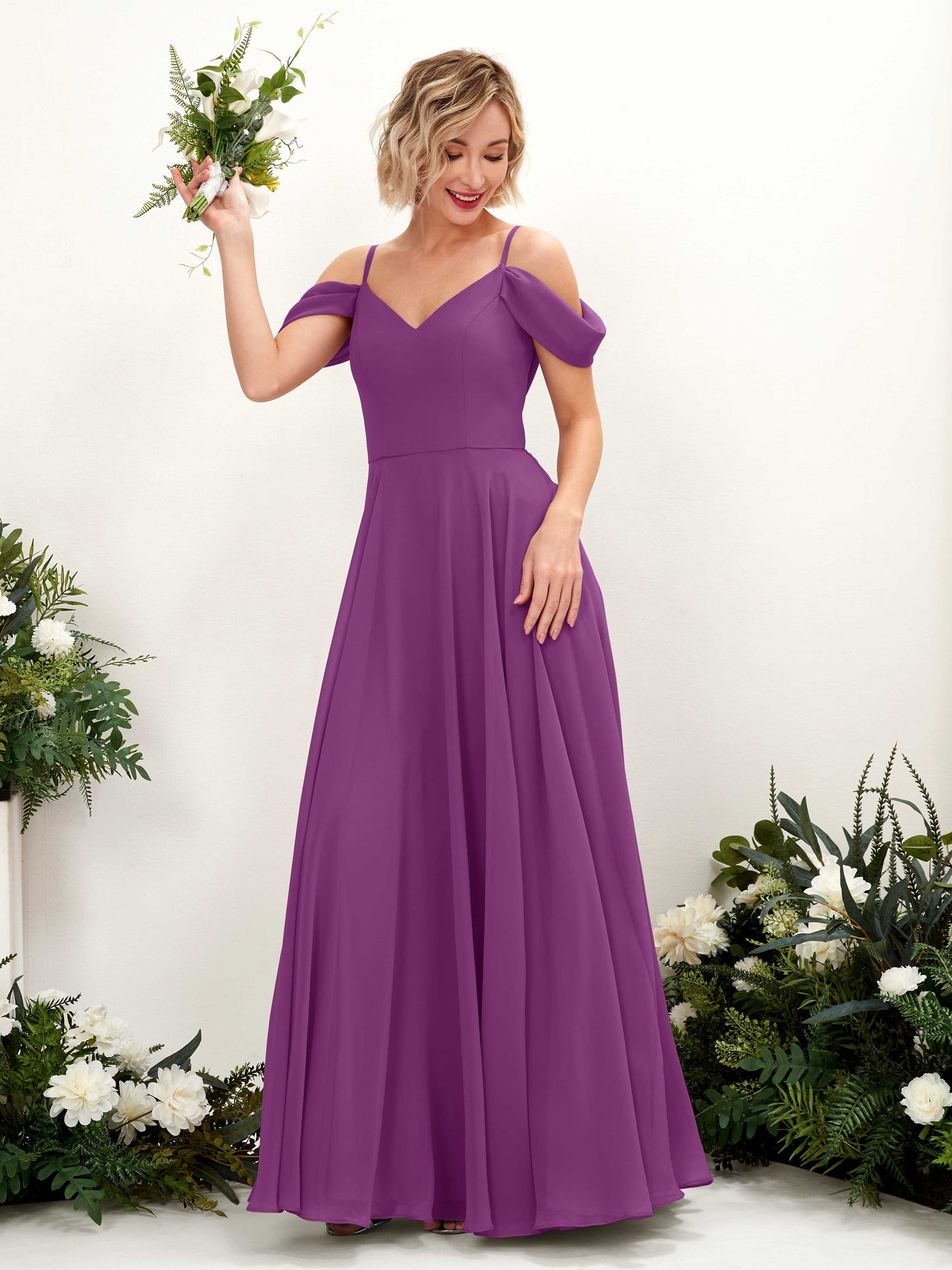 Off Shoulder Straps V-neck Sleeveless Chiffon Bridesmaid Dress - Purple (81224936)#color_purple