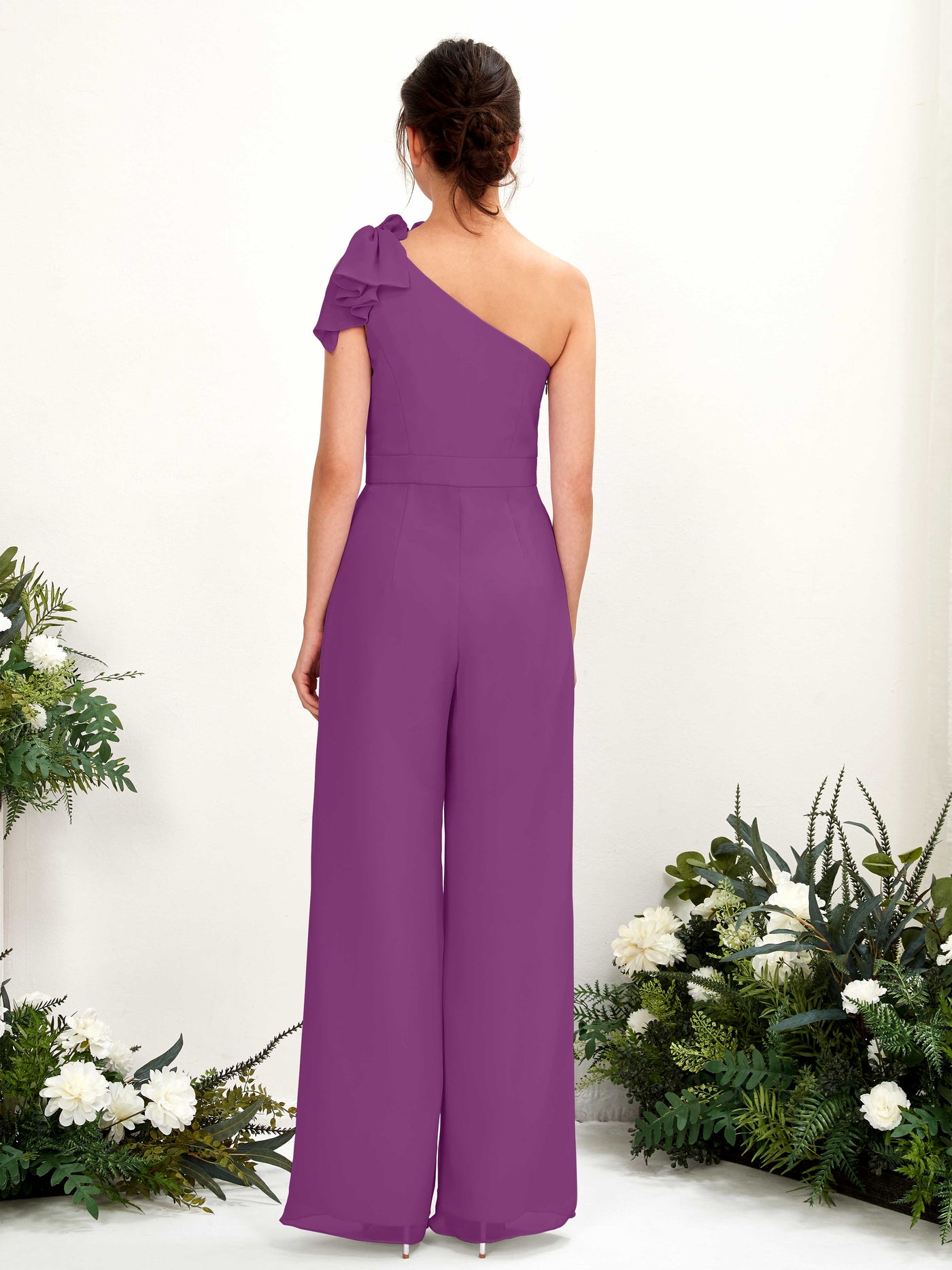 One Shoulder Sleeveless Chiffon Bridesmaid Wide-Leg Jumpsuit - Purple (81220836)#color_purple