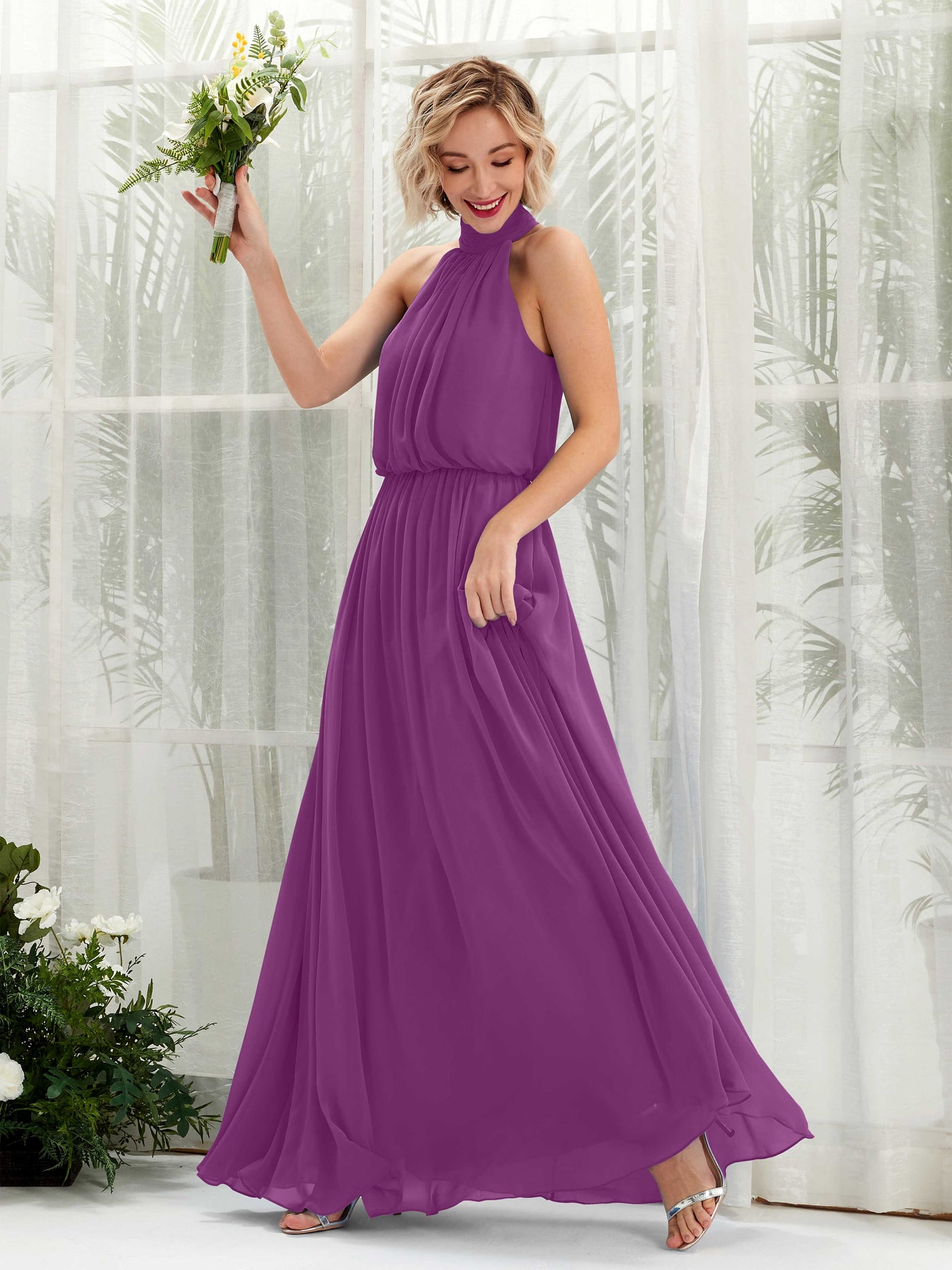 Halter Sleeveless Chiffon Bridesmaid Dress - Purple (81222936)#color_purple