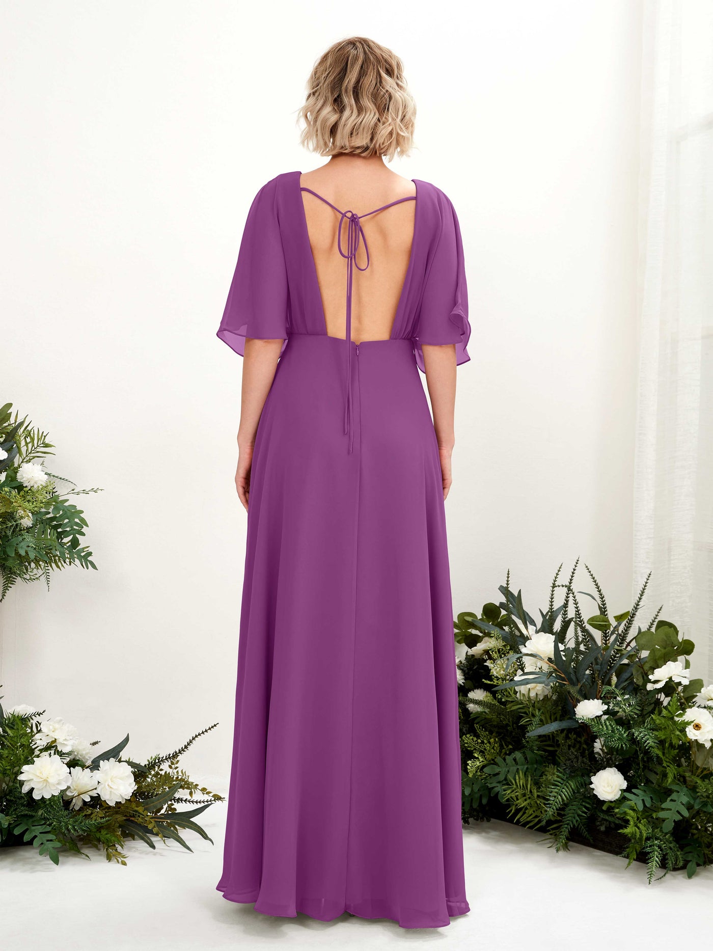 V-neck 1/2 Sleeves Chiffon Bridesmaid Dress - Purple (81225136)#color_purple
