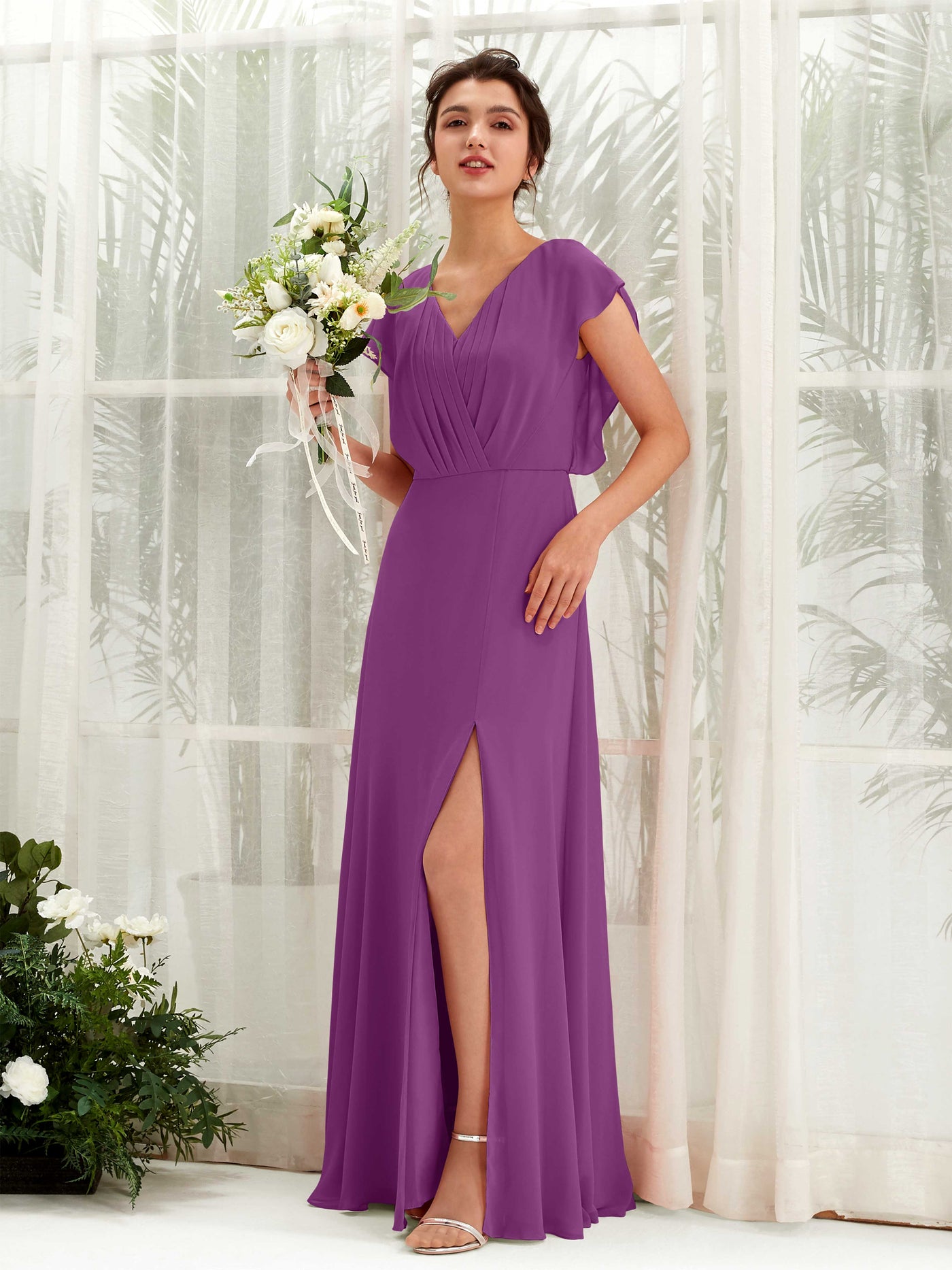 V-neck Cap Sleeves Bridesmaid Dress - Purple (81225636)#color_purple